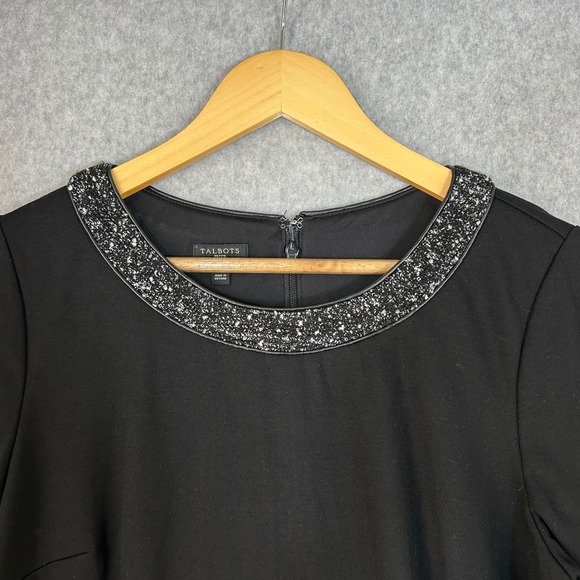 Talbots Black Sheath Dress‎ Ponte Tweed Neckline 3/4 Sleeve Office 14 Petite 14P - Picture 4 of 13